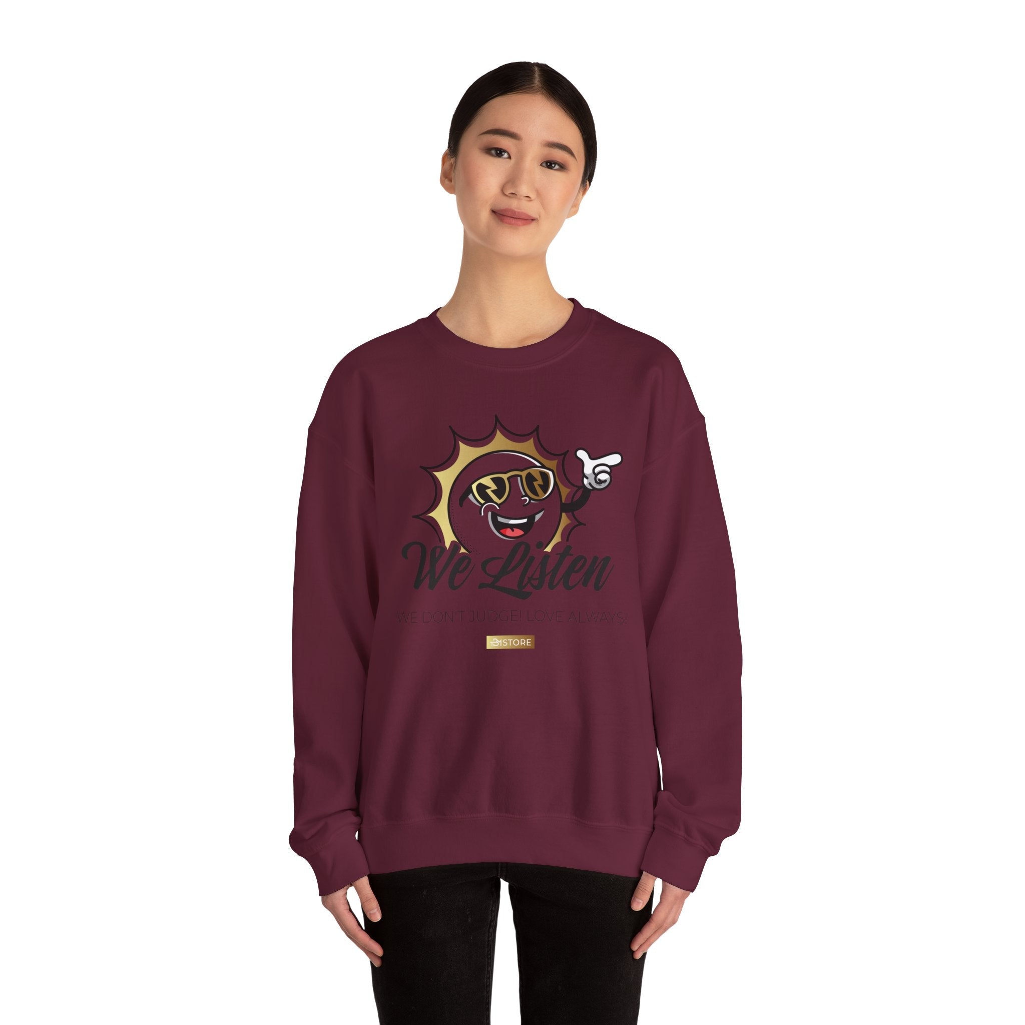 We Listen Crewneck Sweatshirt – Retro Smiley Sun Design - TBM