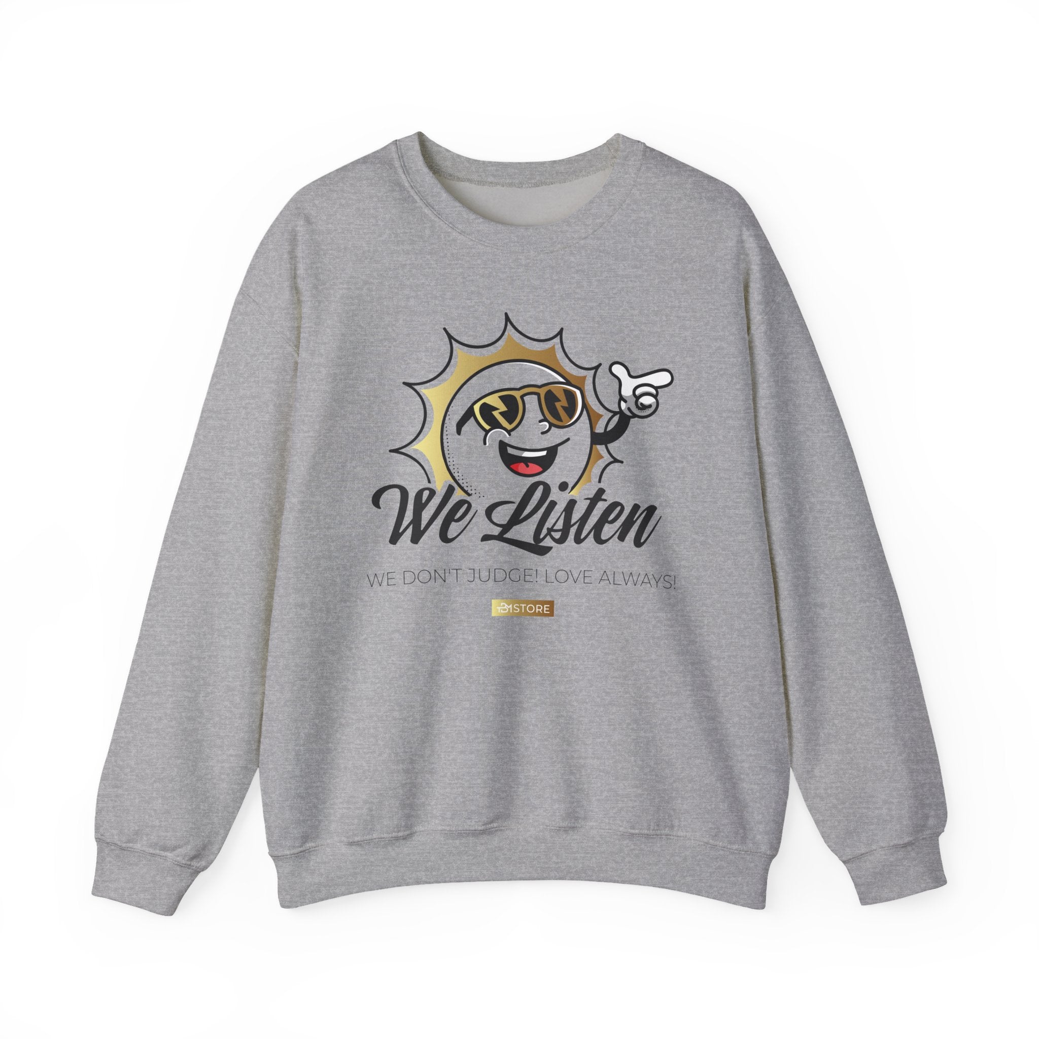 We Listen Crewneck Sweatshirt – Retro Smiley Sun Design - TBM