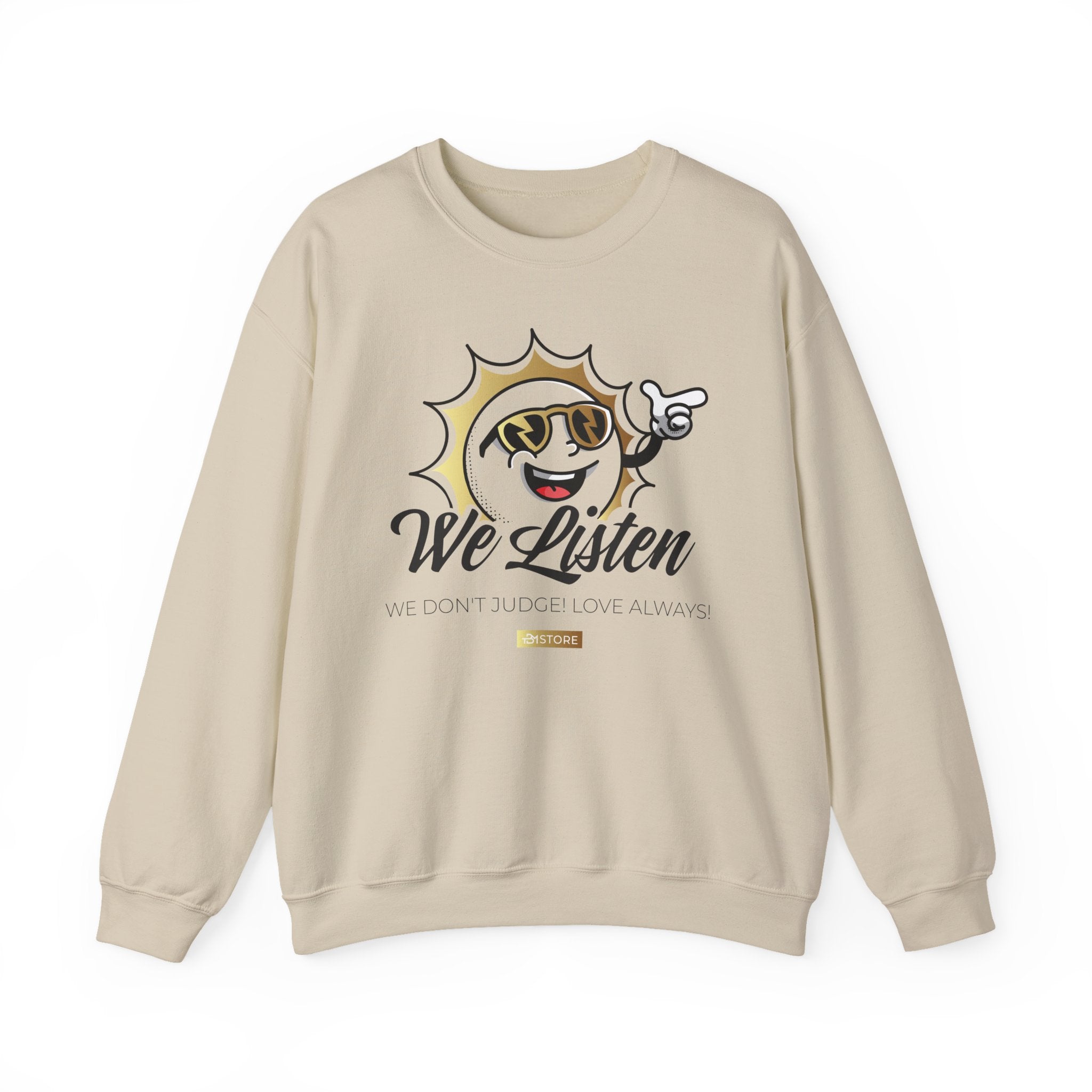 We Listen Crewneck Sweatshirt – Retro Smiley Sun Design - TBM