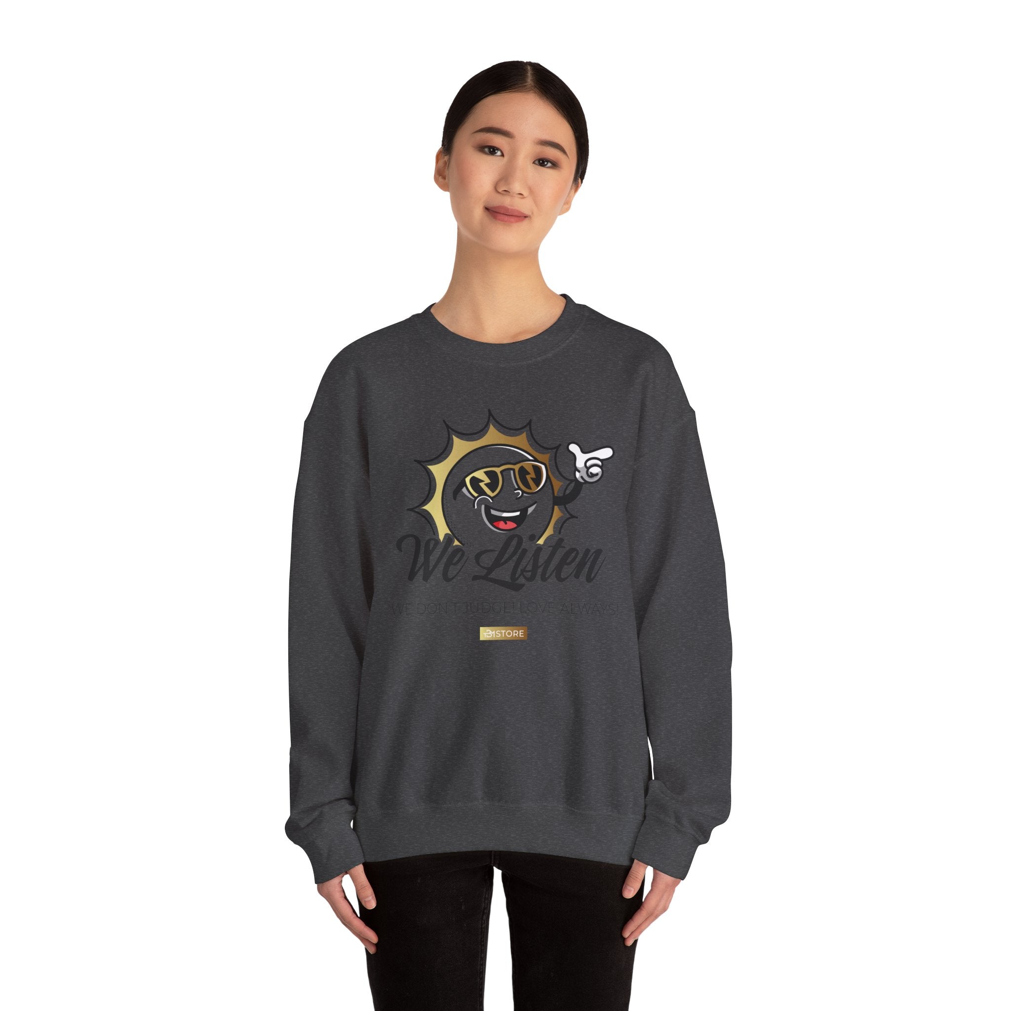 We Listen Crewneck Sweatshirt – Retro Smiley Sun Design - TBM