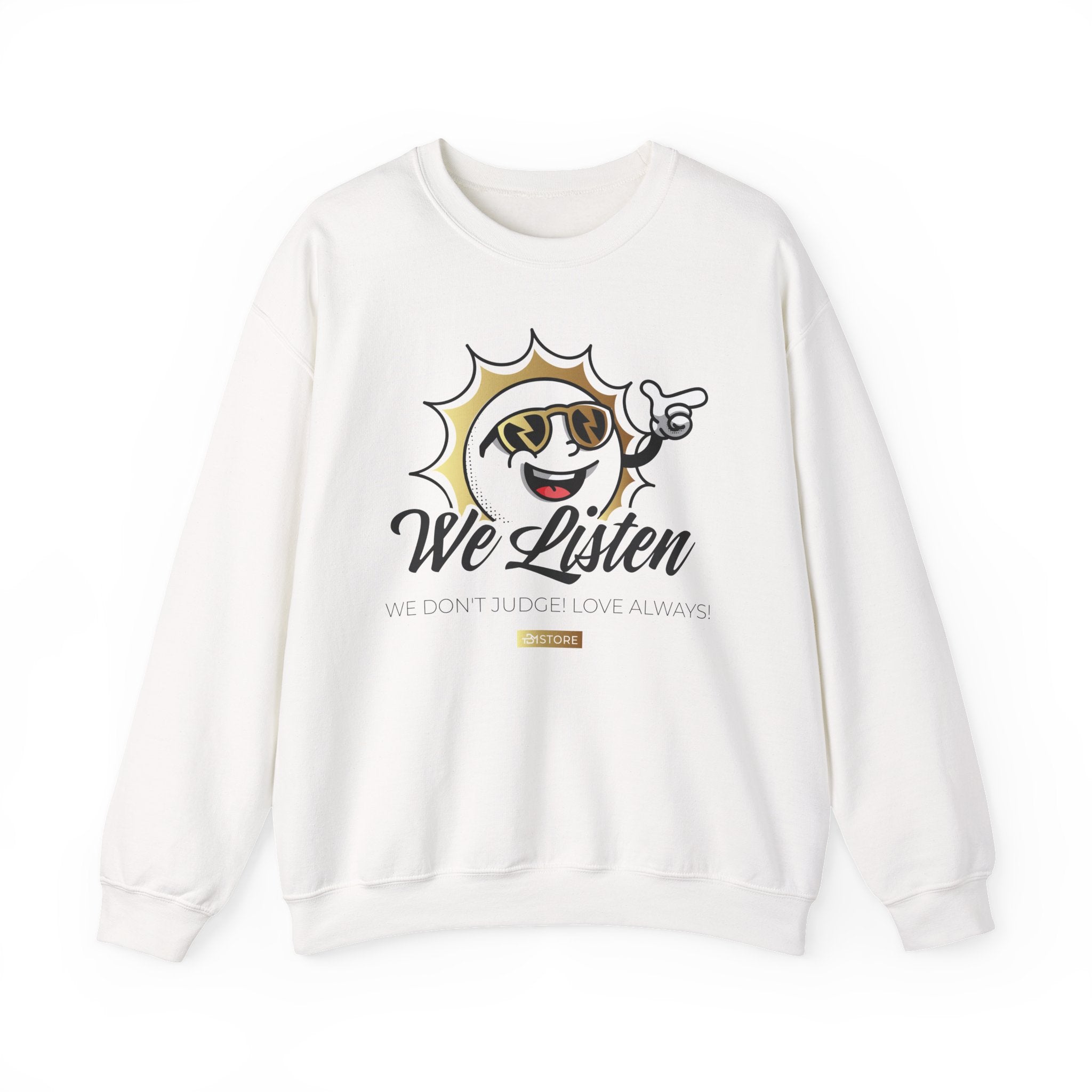 We Listen Crewneck Sweatshirt – Retro Smiley Sun Design - TBM