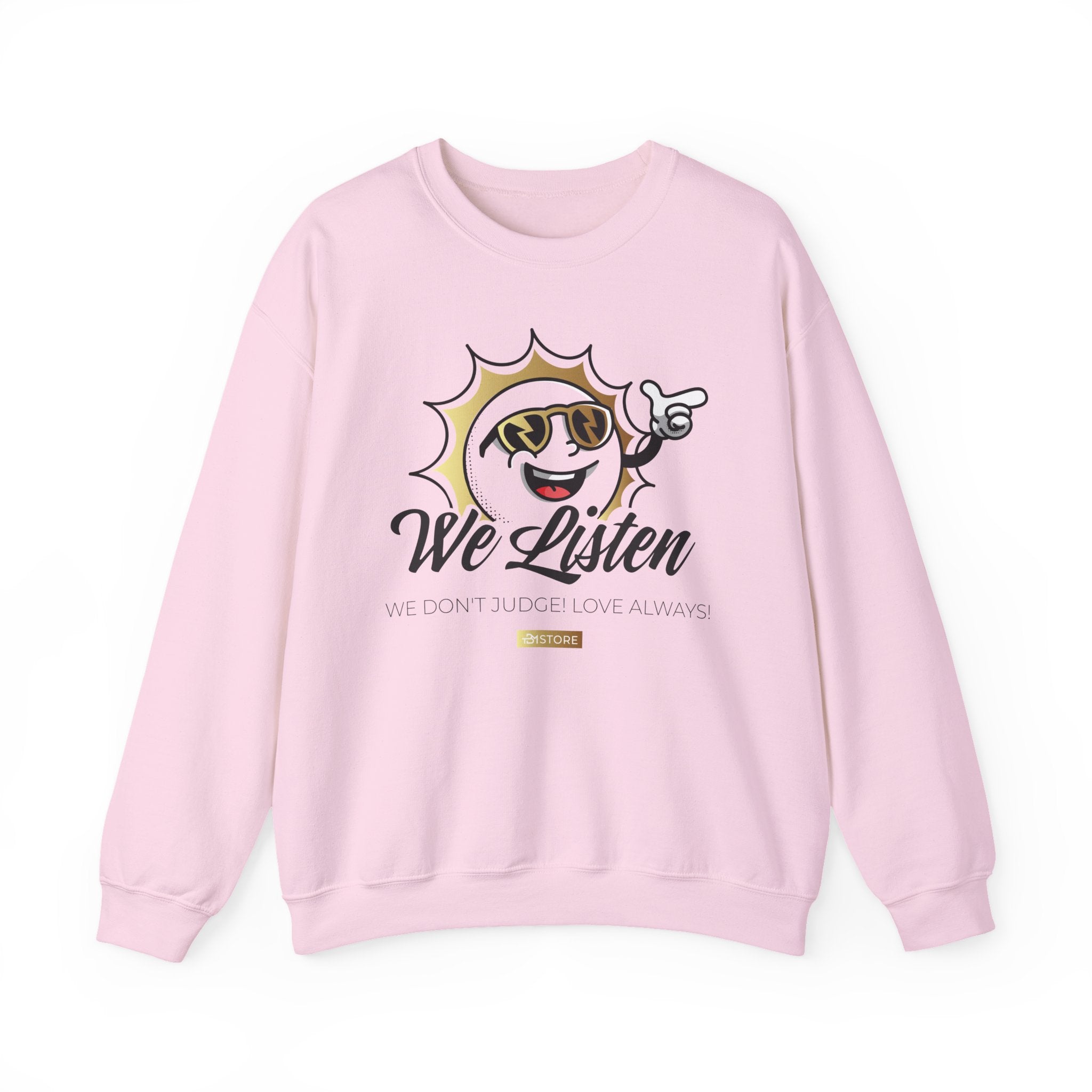 We Listen Crewneck Sweatshirt – Retro Smiley Sun Design - TBM