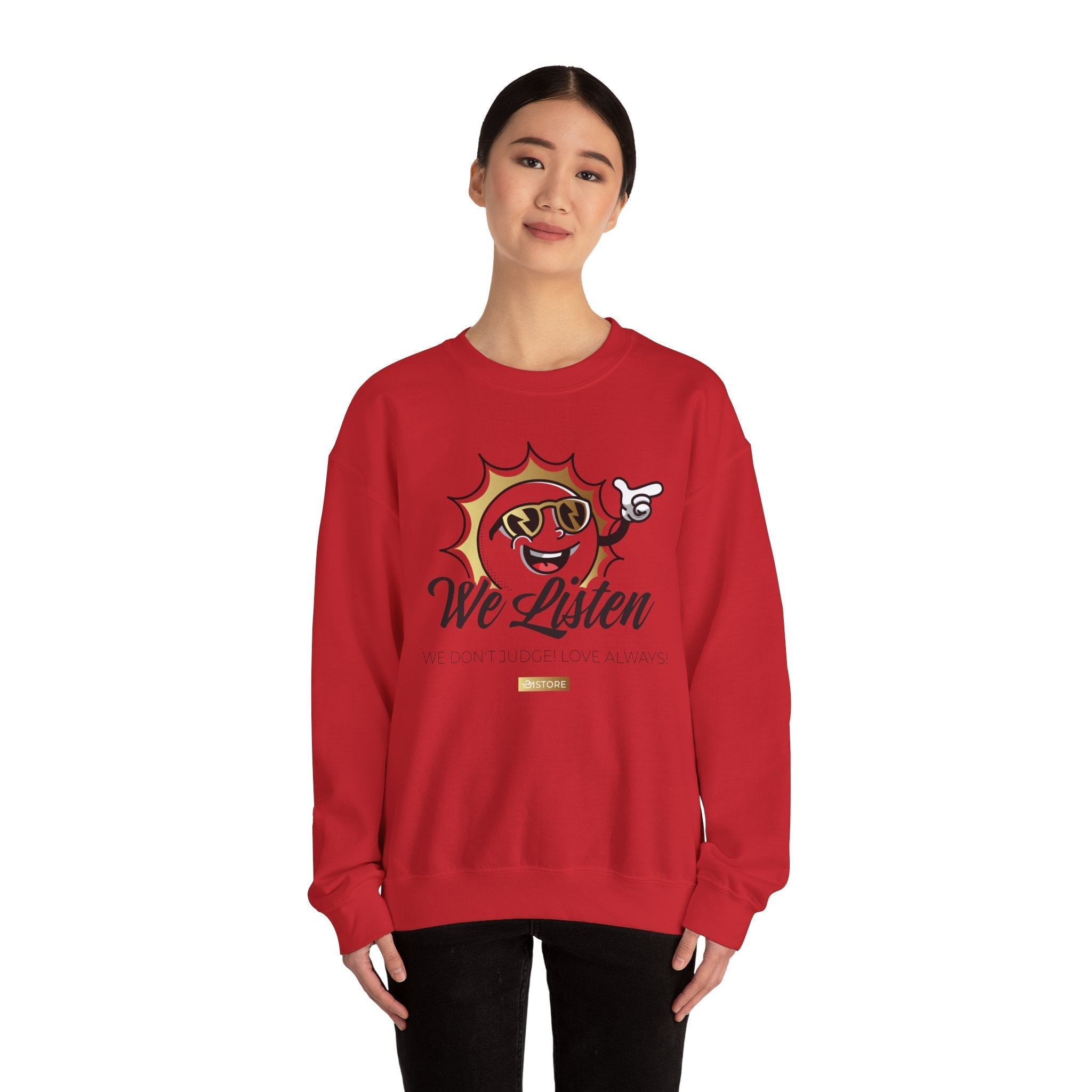 We Listen Crewneck Sweatshirt – Retro Smiley Sun Design - TBM