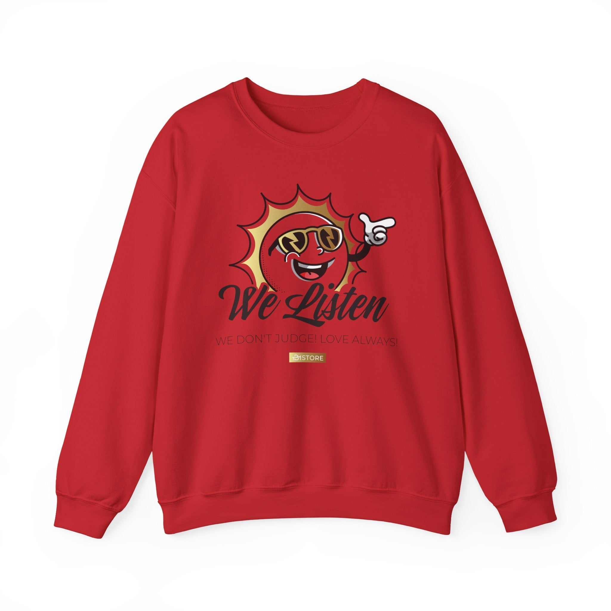 We Listen Crewneck Sweatshirt – Retro Smiley Sun Design - TBM