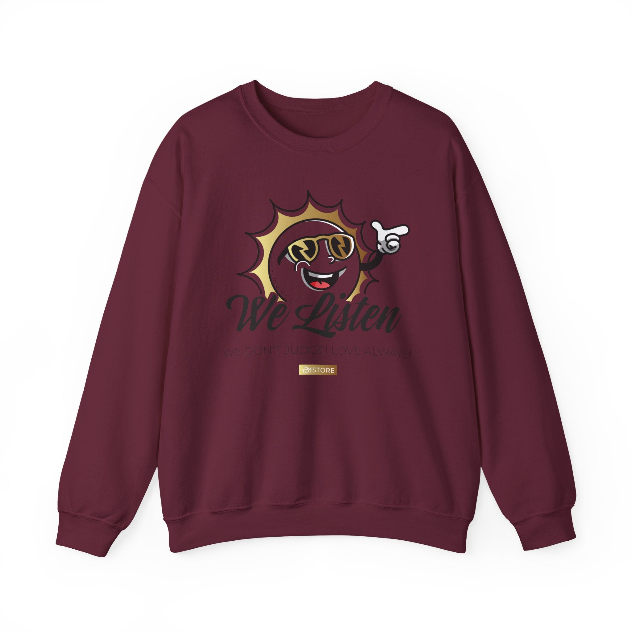 We Listen Crewneck Sweatshirt – Retro Smiley Sun Design - TBM