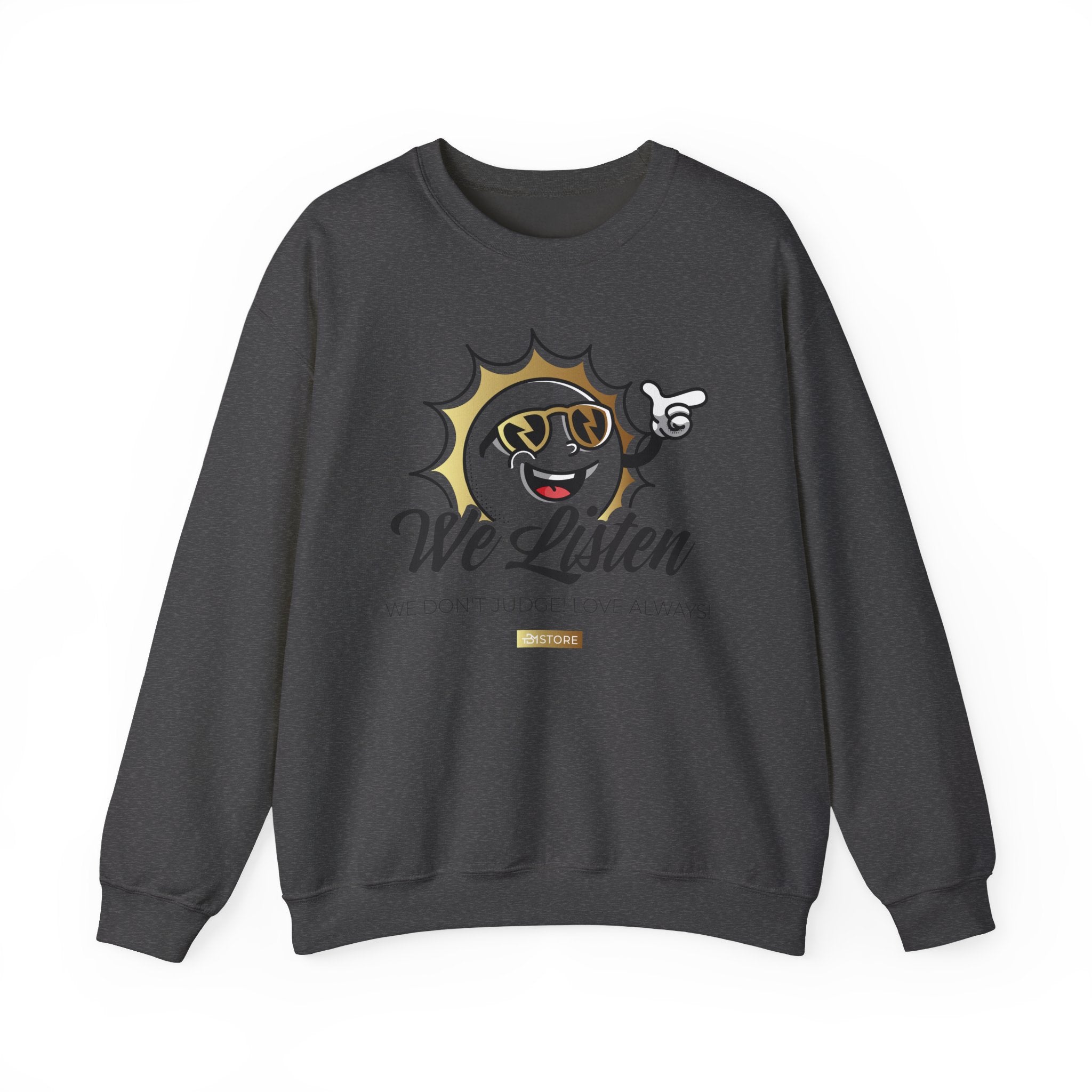 We Listen Crewneck Sweatshirt – Retro Smiley Sun Design - TBM