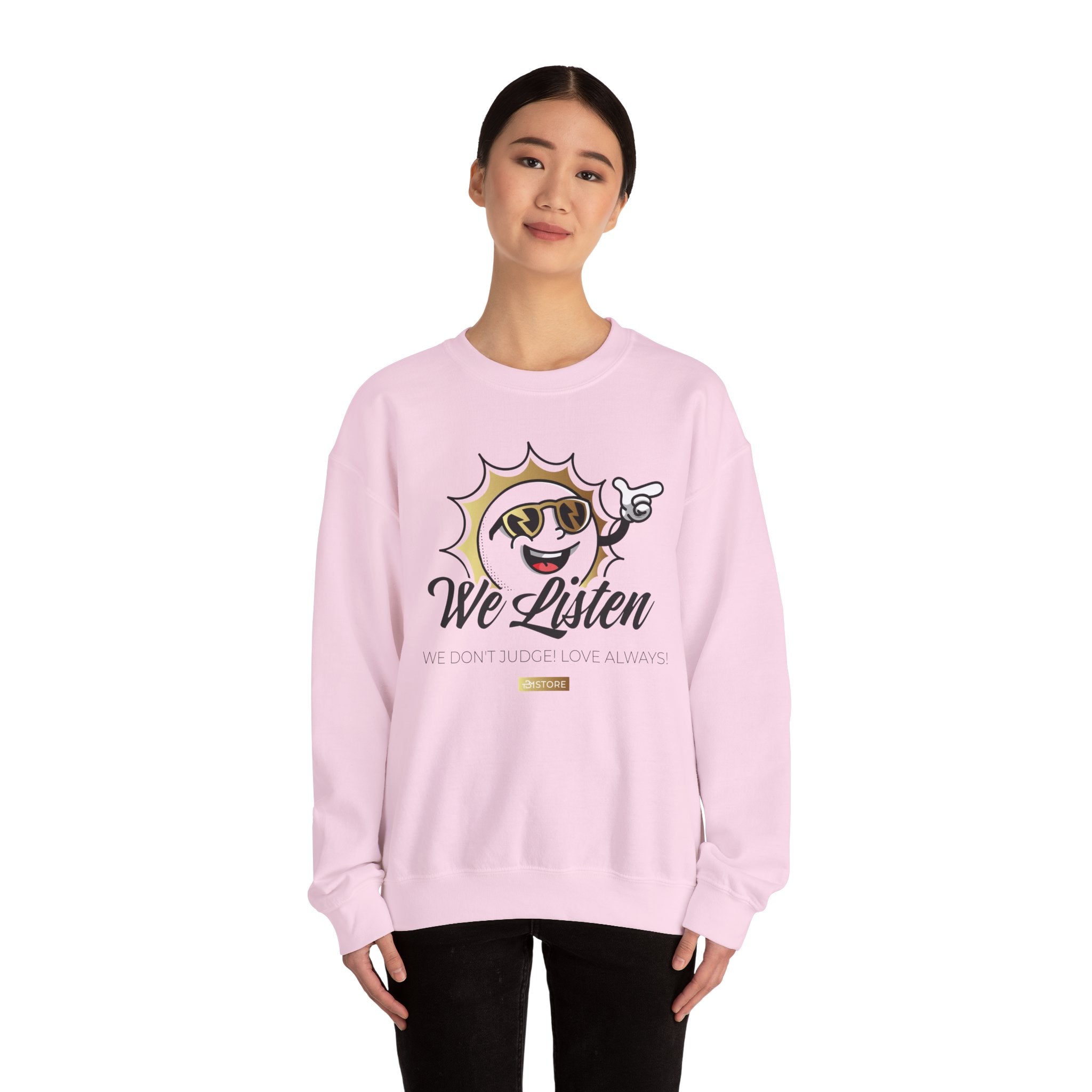 We Listen Crewneck Sweatshirt – Retro Smiley Sun Design - TBM