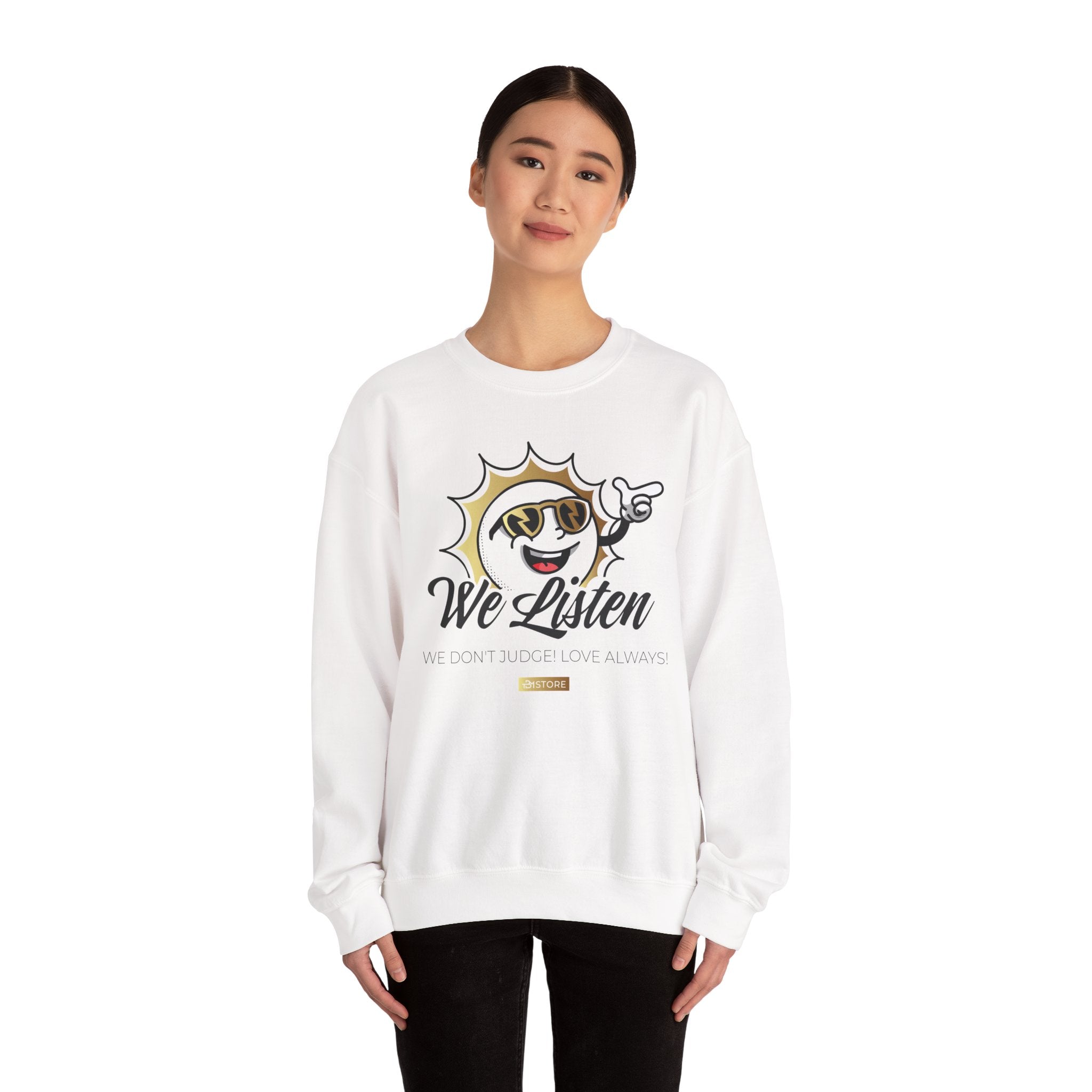 We Listen Crewneck Sweatshirt – Retro Smiley Sun Design - TBM