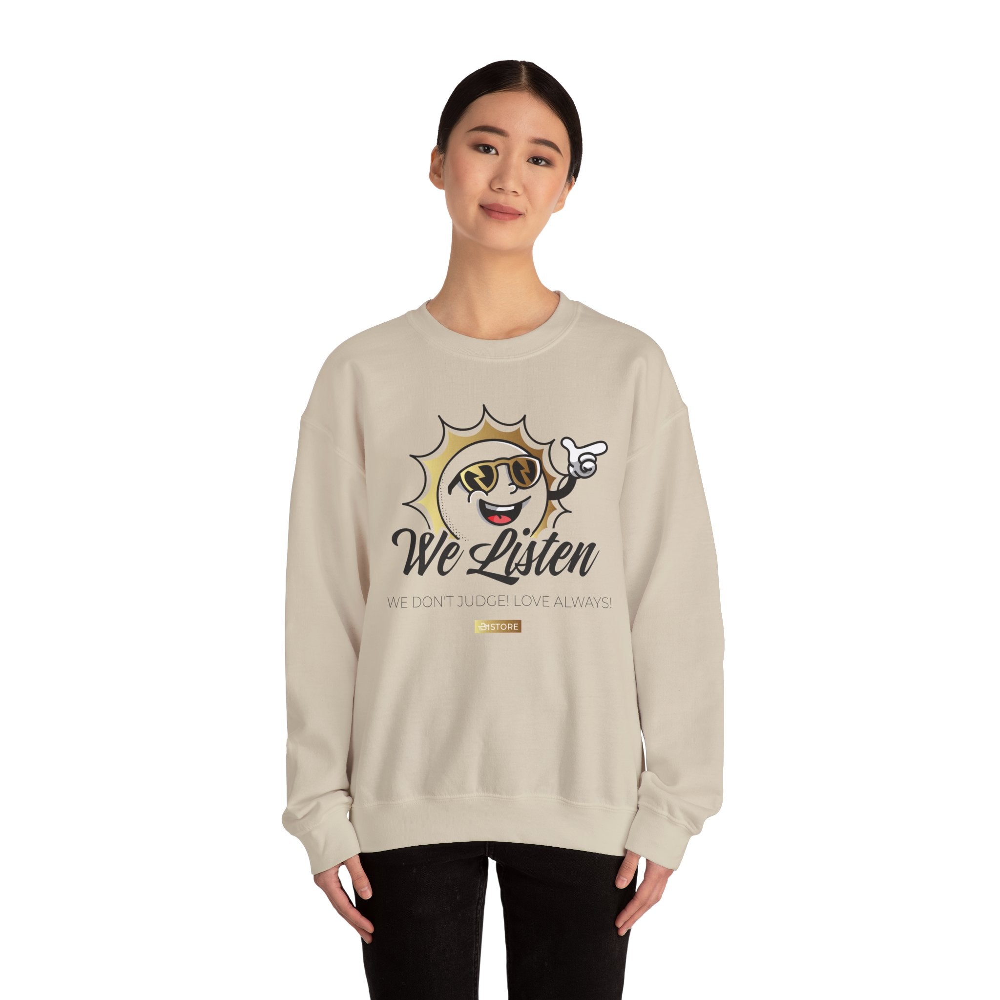 We Listen Crewneck Sweatshirt – Retro Smiley Sun Design - TBM
