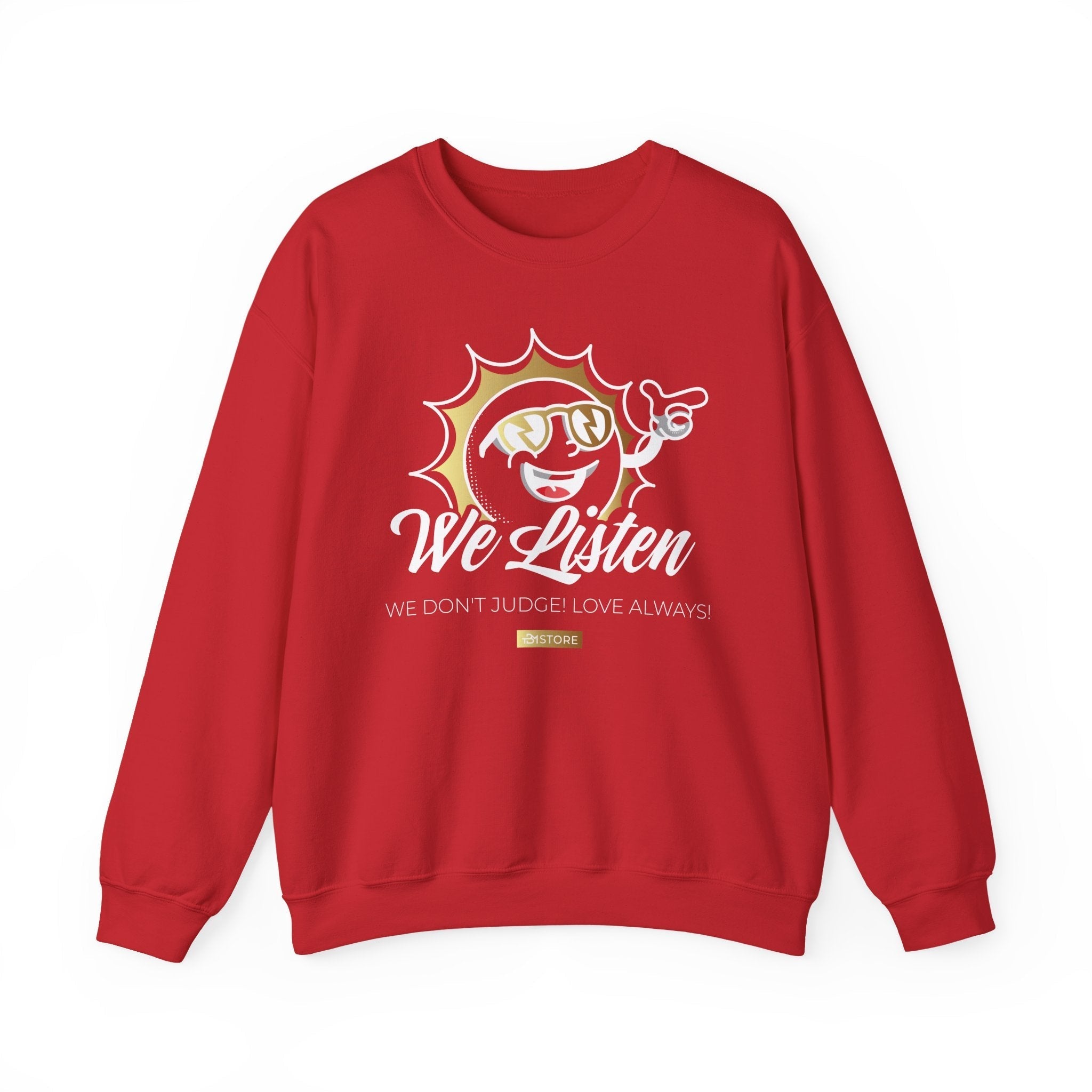 We Listen Crewneck Sweatshirt — Retro Sun Graphic "We Don't Judge (Love Always)" - TBM