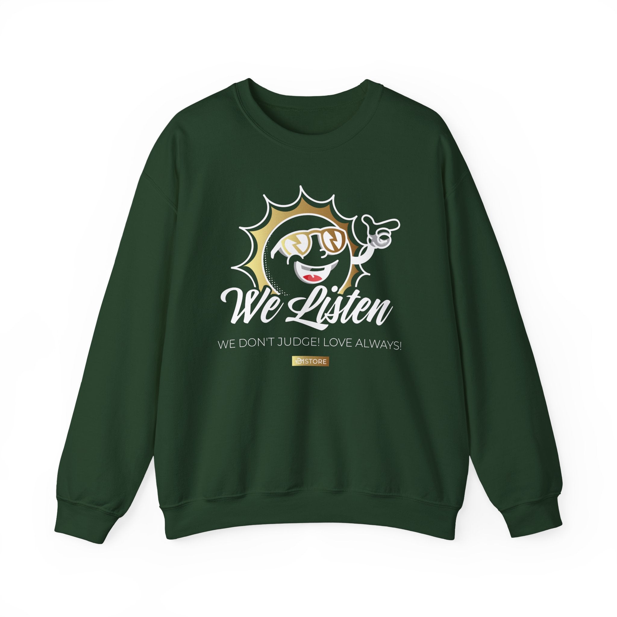 We Listen Crewneck Sweatshirt — Retro Sun Graphic "We Don't Judge (Love Always)" - TBM