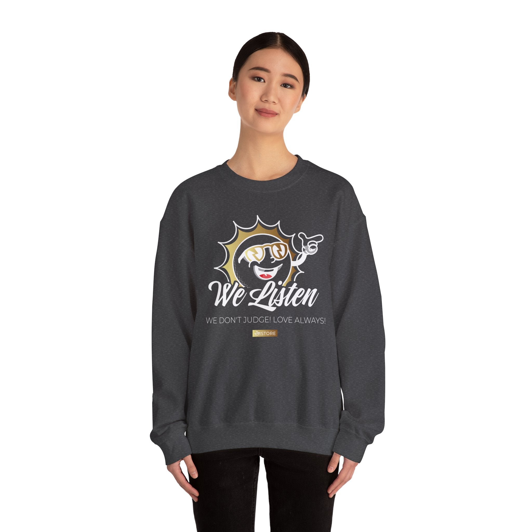 We Listen Crewneck Sweatshirt — Retro Sun Graphic "We Don't Judge (Love Always)" - TBM