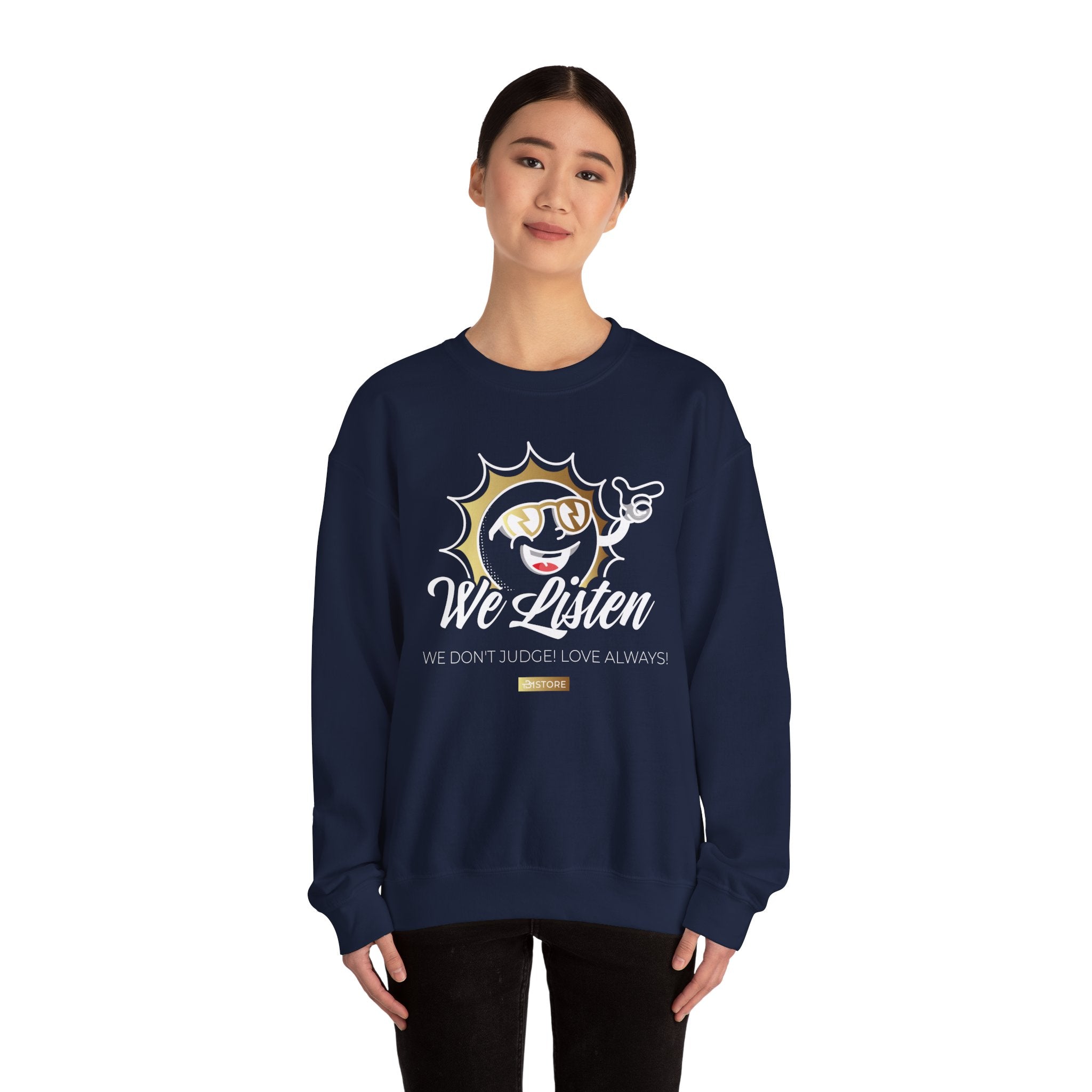 We Listen Crewneck Sweatshirt — Retro Sun Graphic "We Don't Judge (Love Always)" - TBM