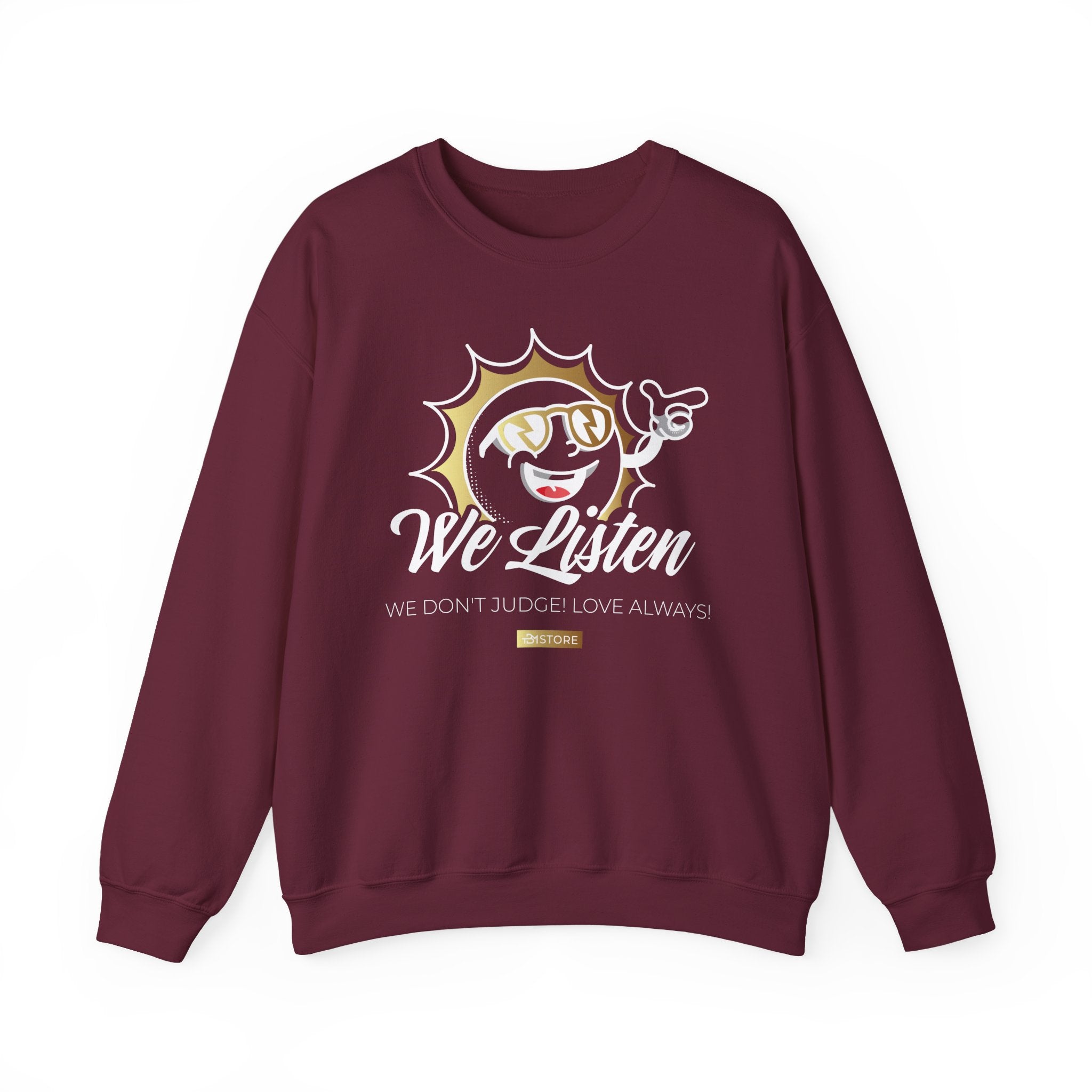 We Listen Crewneck Sweatshirt — Retro Sun Graphic "We Don't Judge (Love Always)" - TBM