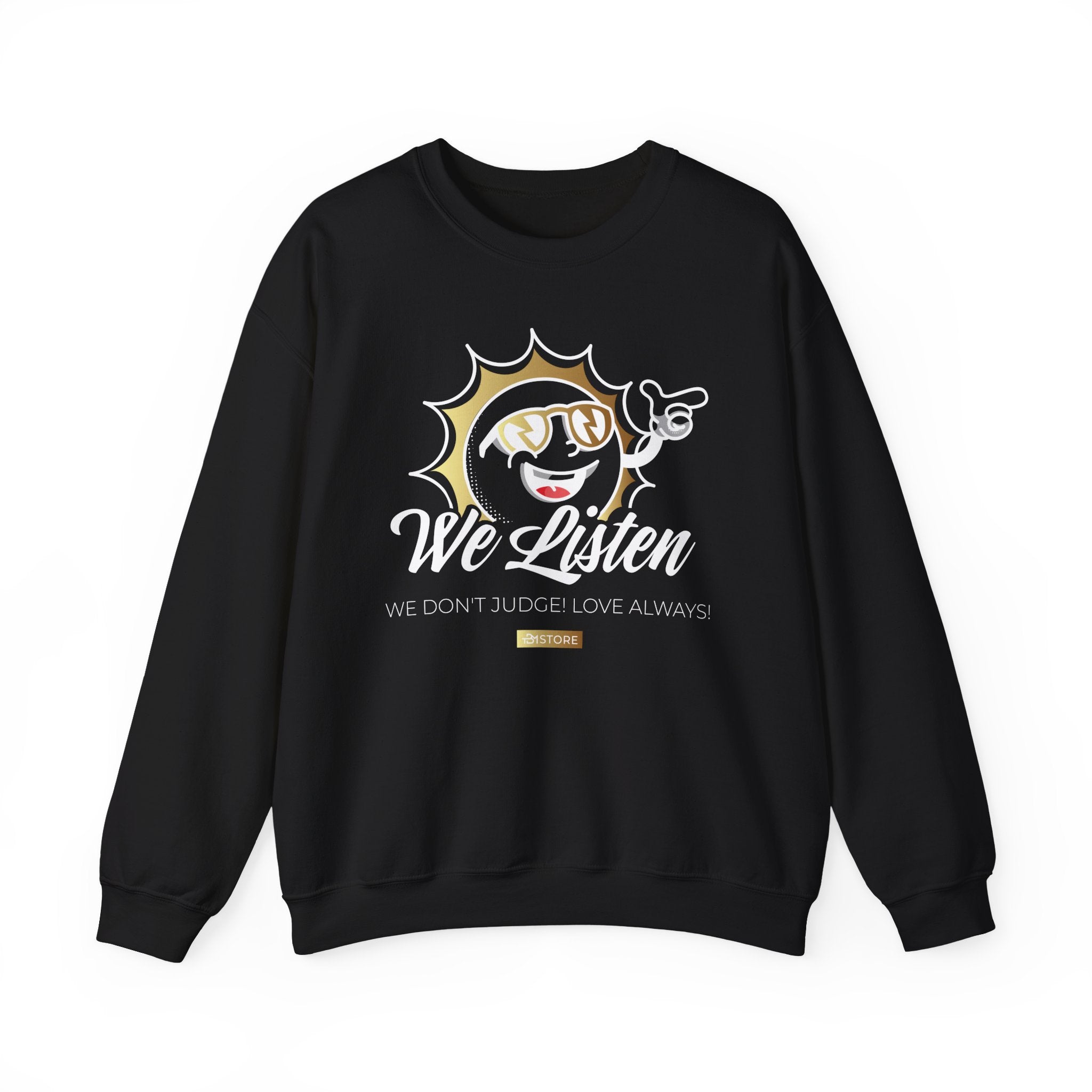 We Listen Crewneck Sweatshirt — Retro Sun Graphic "We Don't Judge (Love Always)" - TBM