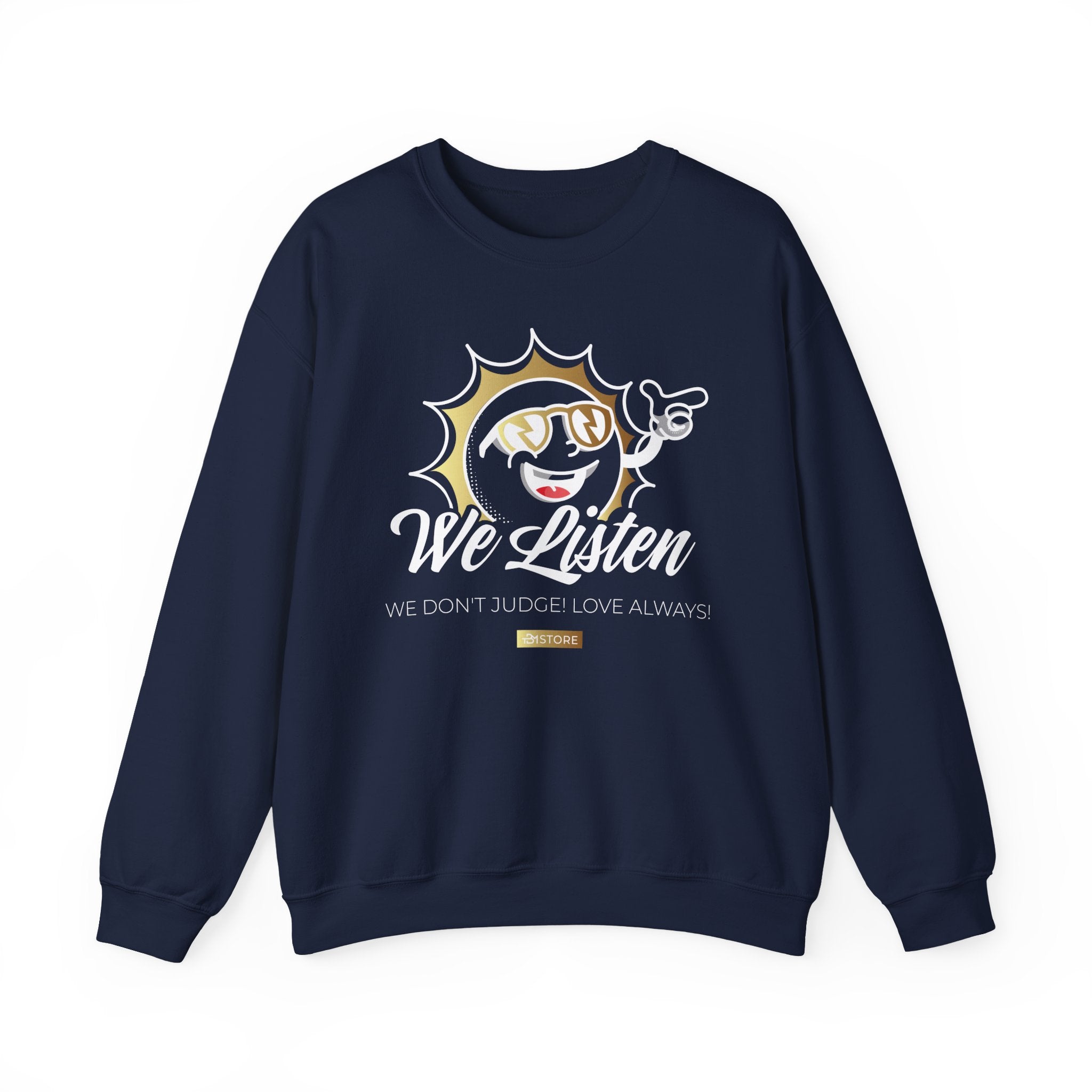 We Listen Crewneck Sweatshirt — Retro Sun Graphic "We Don't Judge (Love Always)" - TBM