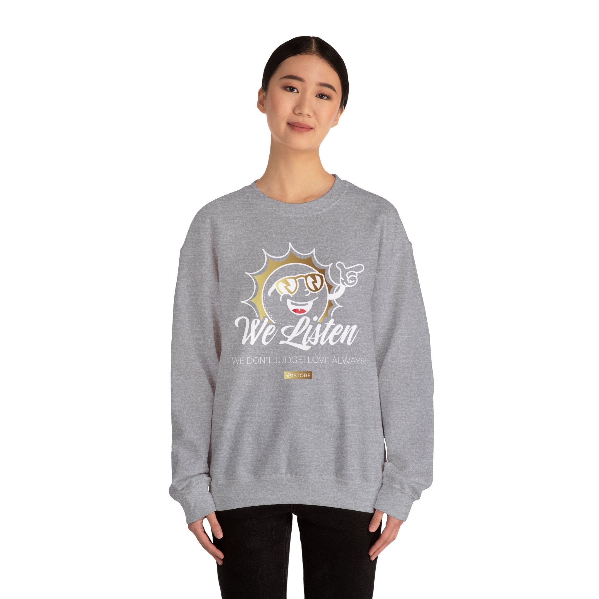 We Listen Crewneck Sweatshirt — Retro Sun Graphic "We Don't Judge (Love Always)" - TBM
