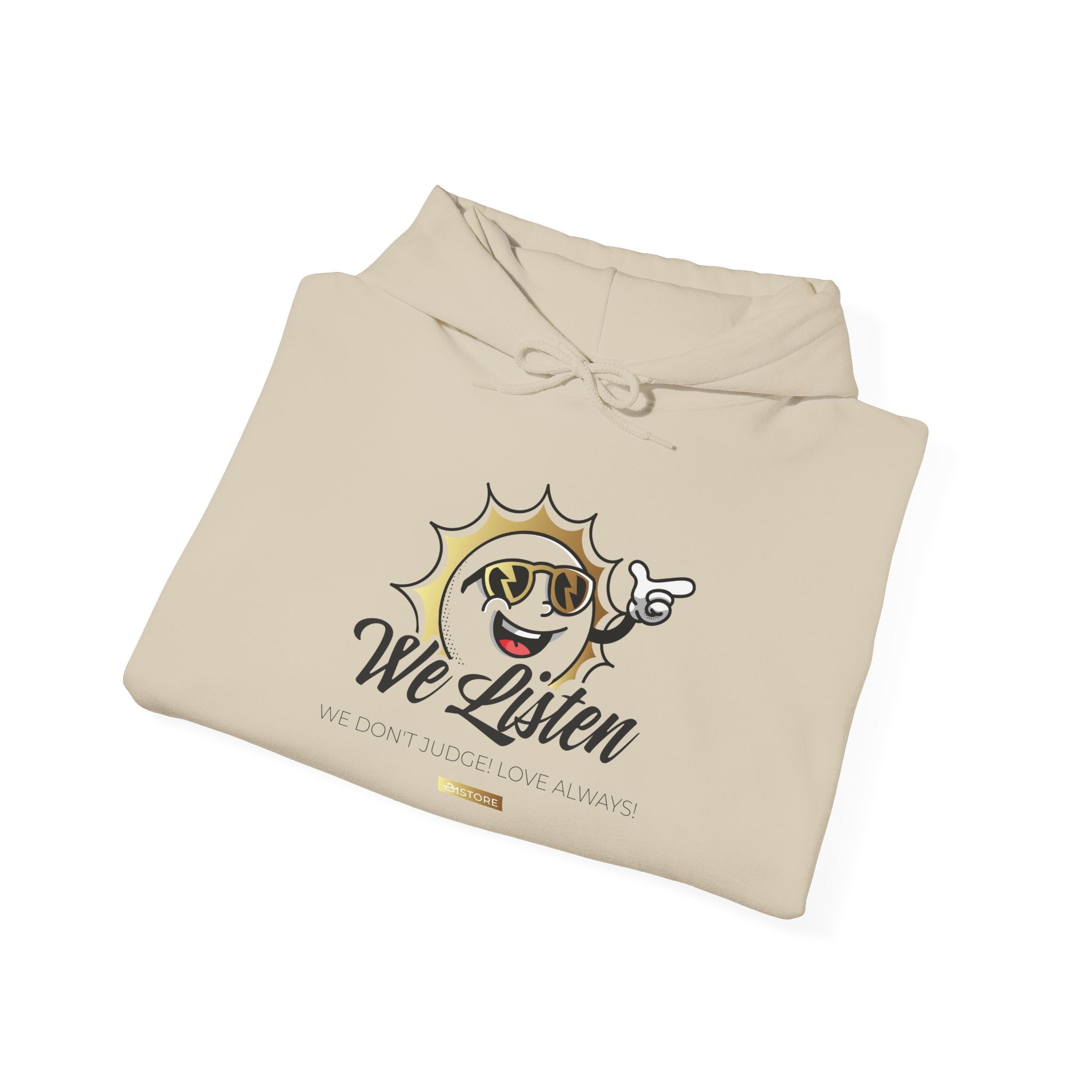 We Listen Sun Graphic Hoodie — Vintage Smiley Face Pointing Sweatshirt - TBM