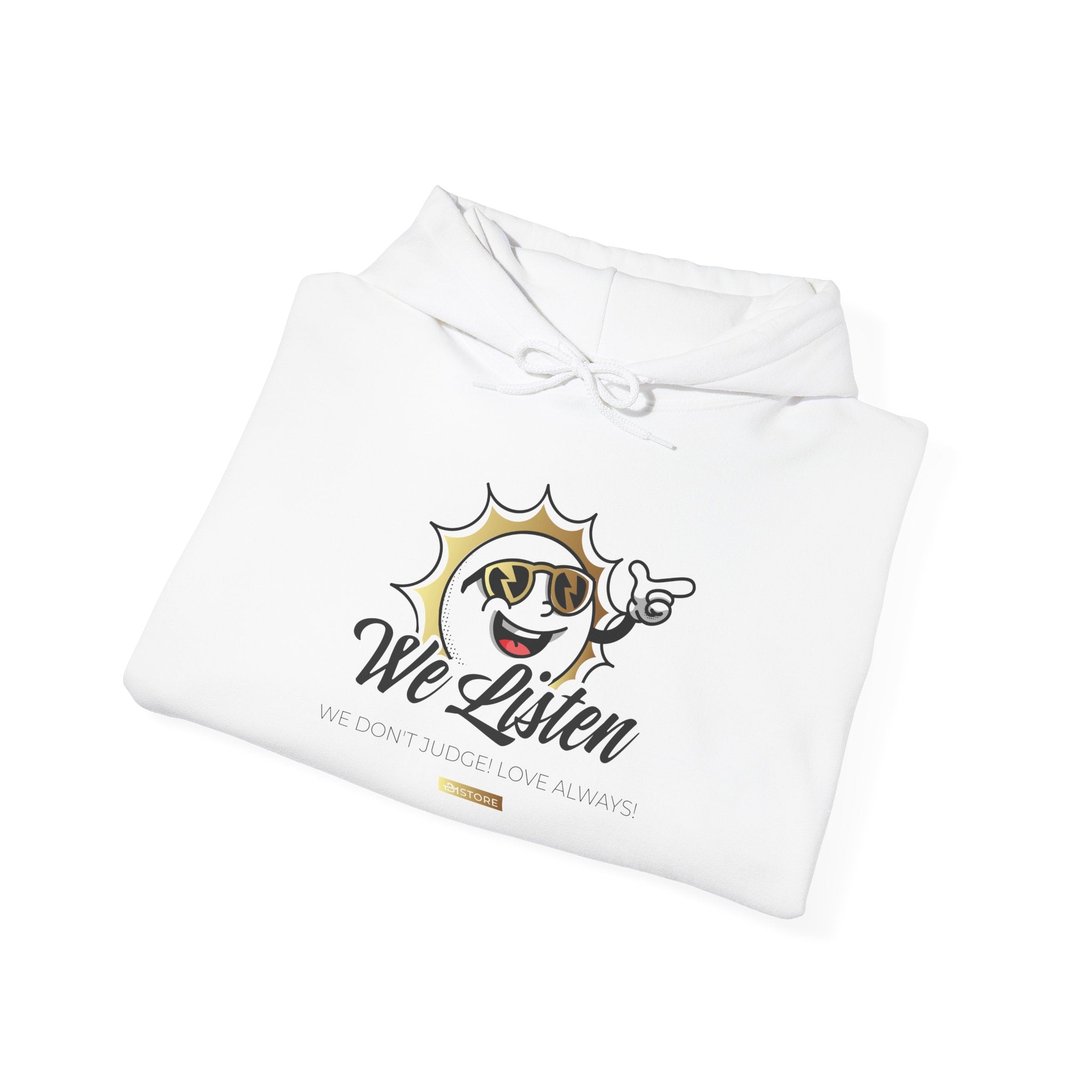 We Listen Sun Graphic Hoodie — Vintage Smiley Face Pointing Sweatshirt - TBM