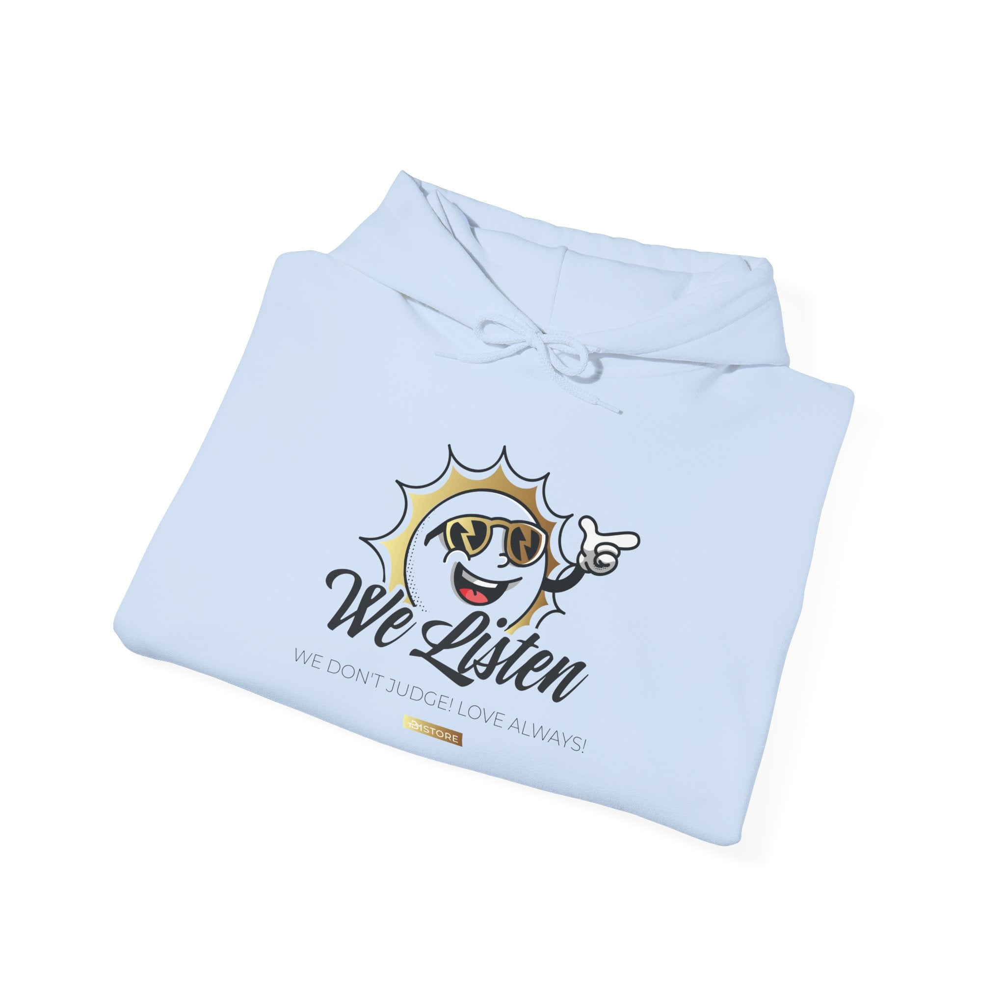 We Listen Sun Graphic Hoodie — Vintage Smiley Face Pointing Sweatshirt - TBM