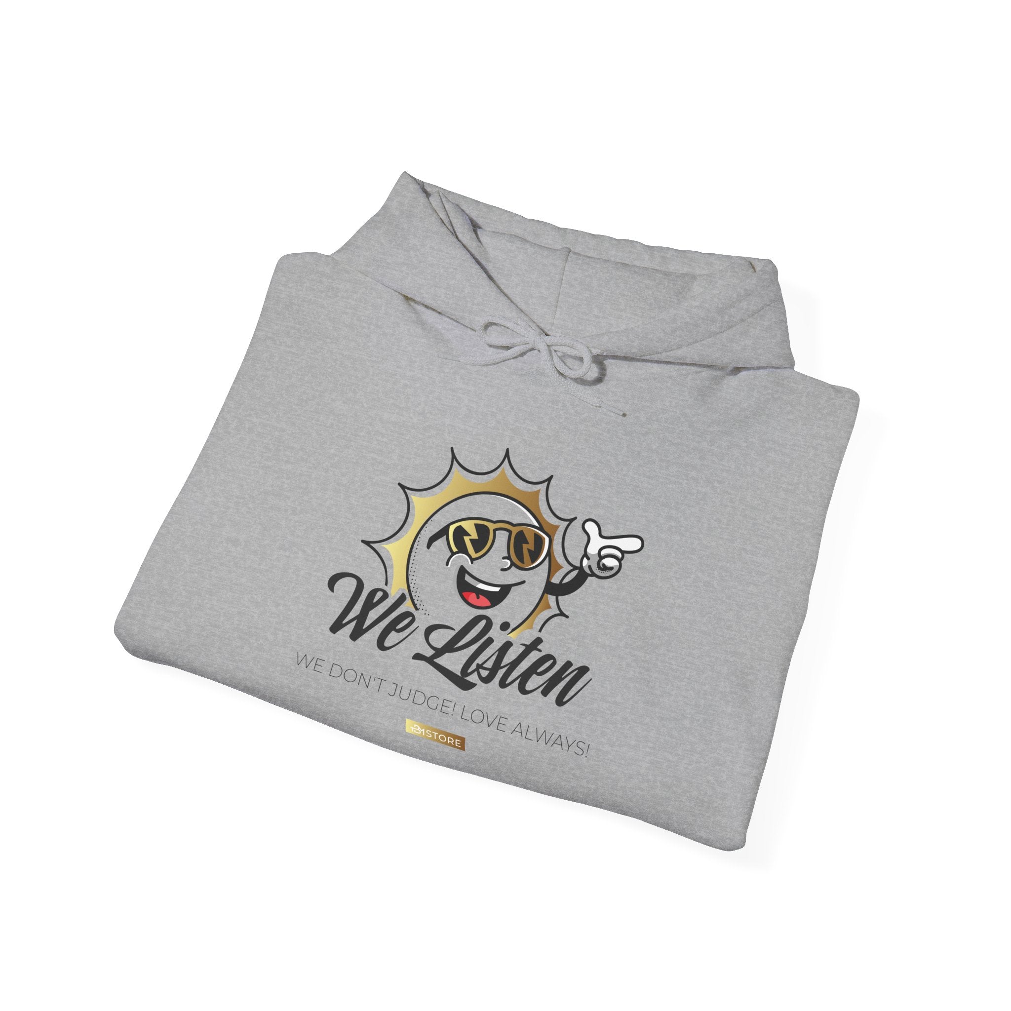 We Listen Sun Graphic Hoodie — Vintage Smiley Face Pointing Sweatshirt - TBM