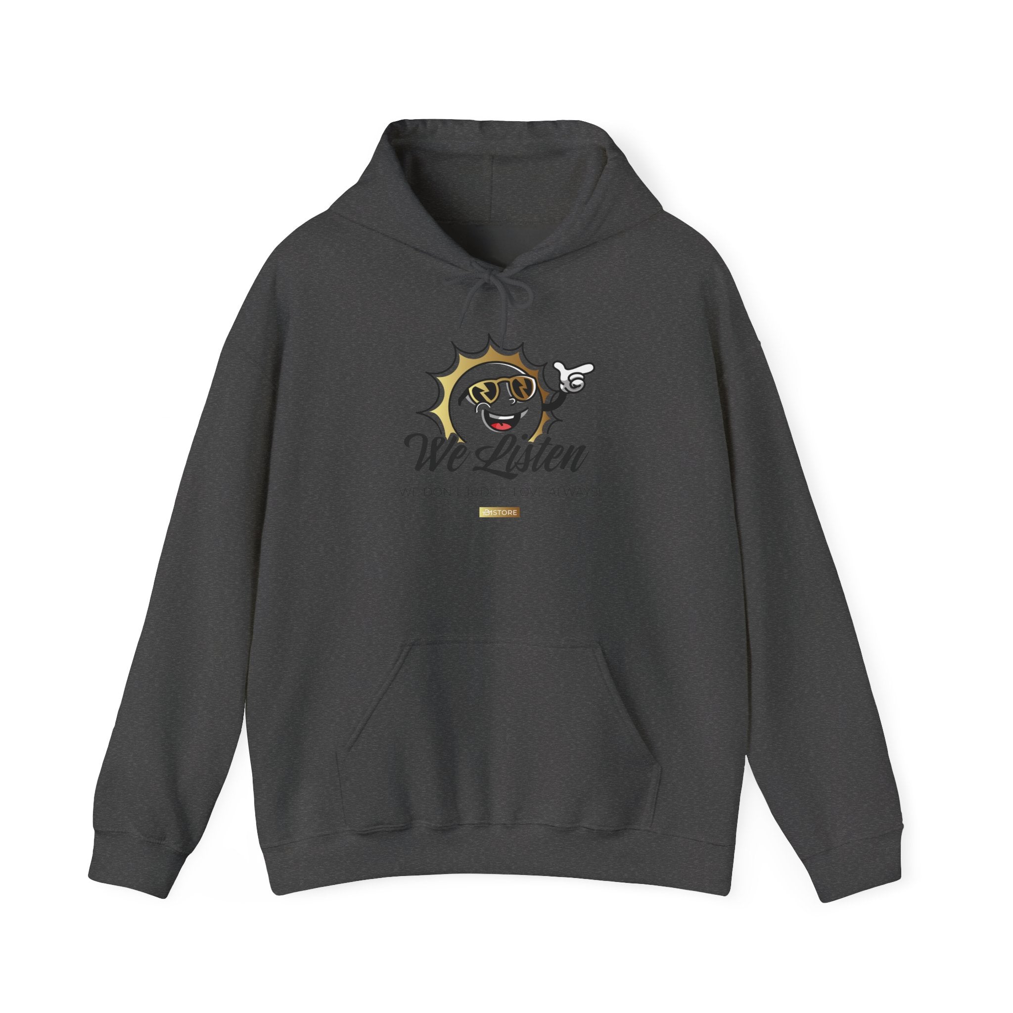 We Listen Sun Graphic Hoodie — Vintage Smiley Face Pointing Sweatshirt - TBM
