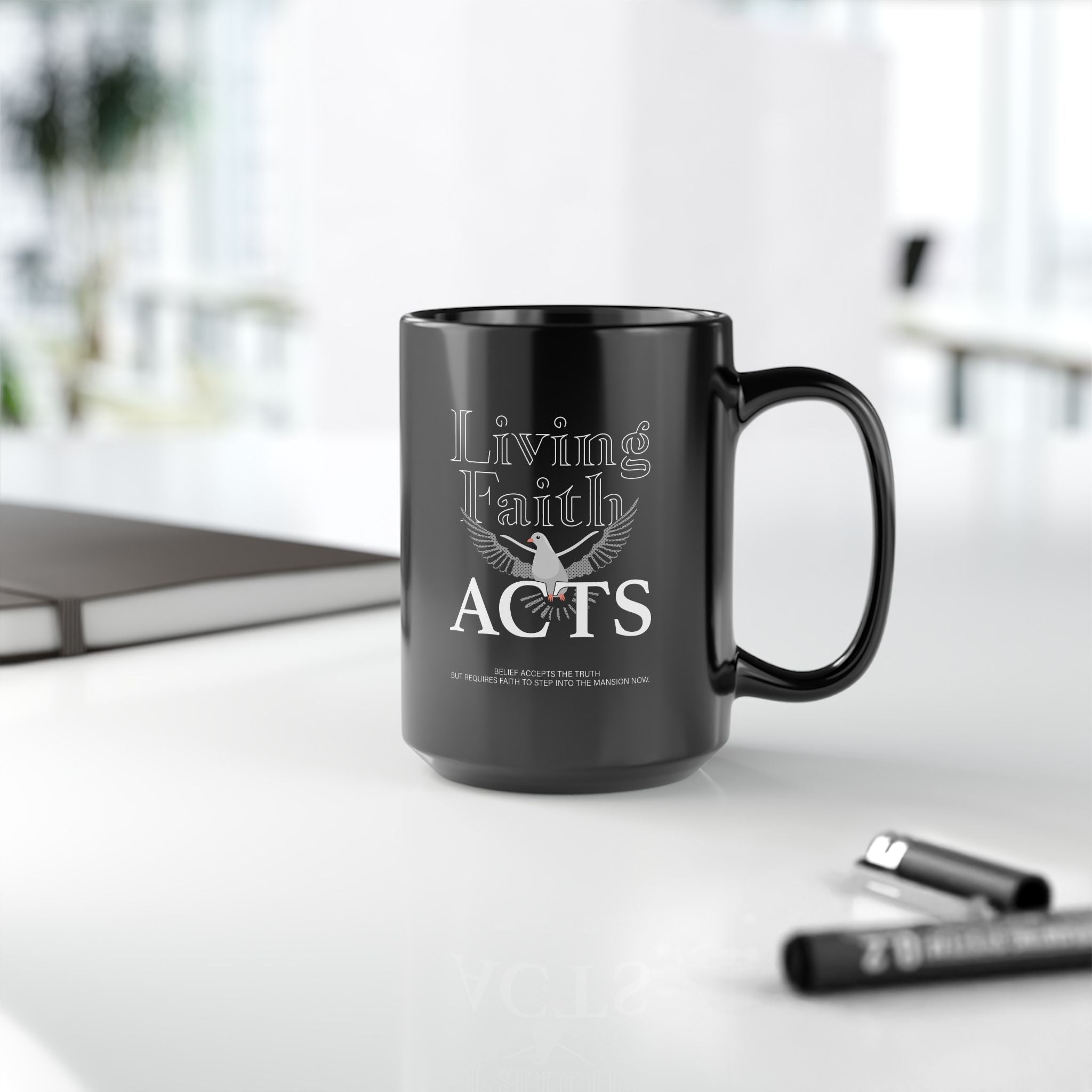"Living Faith Acts" Black Ceramic Mug — Inspirational Christian Coffee Cup (15oz) - TBM