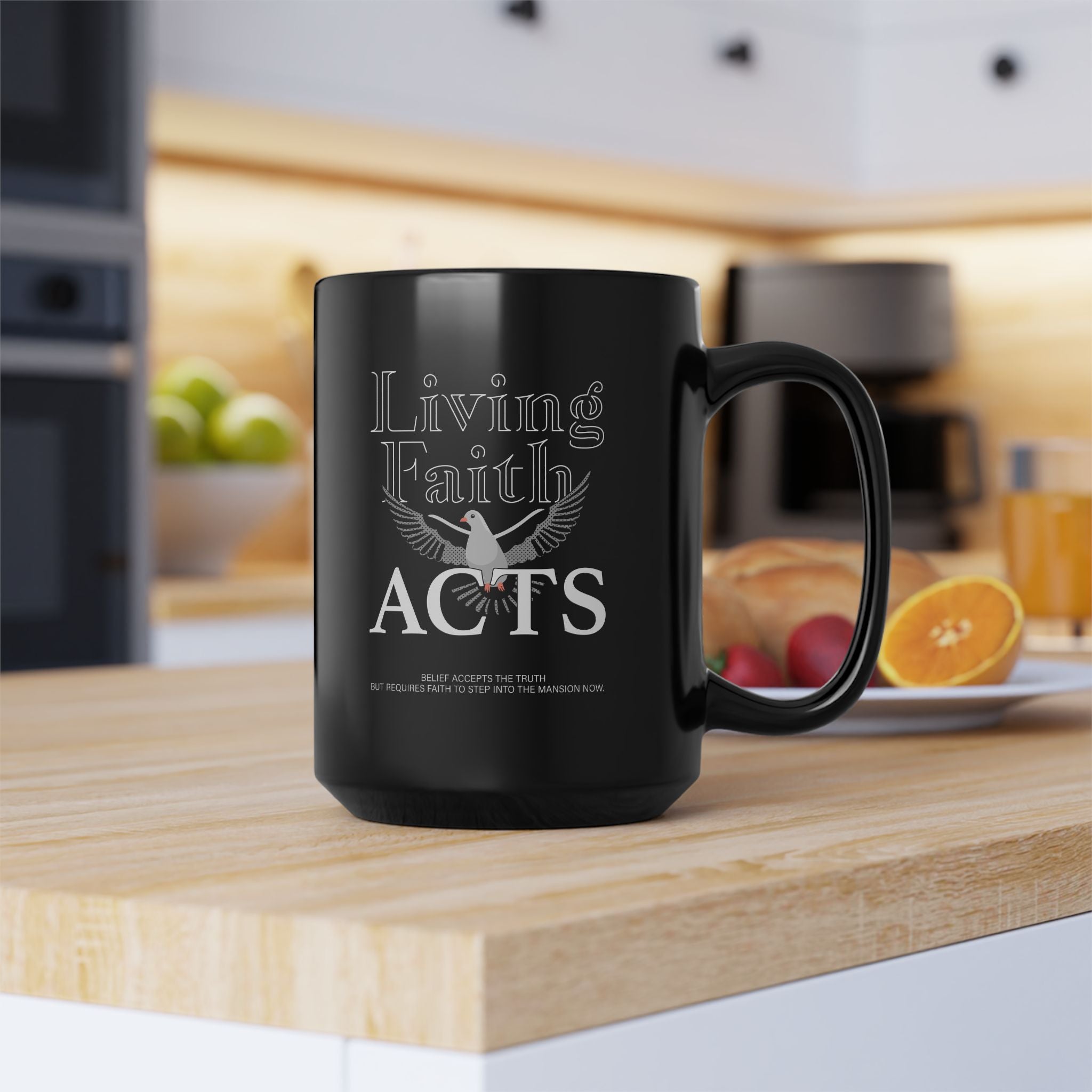 "Living Faith Acts" Black Ceramic Mug — Inspirational Christian Coffee Cup (15oz) - TBM